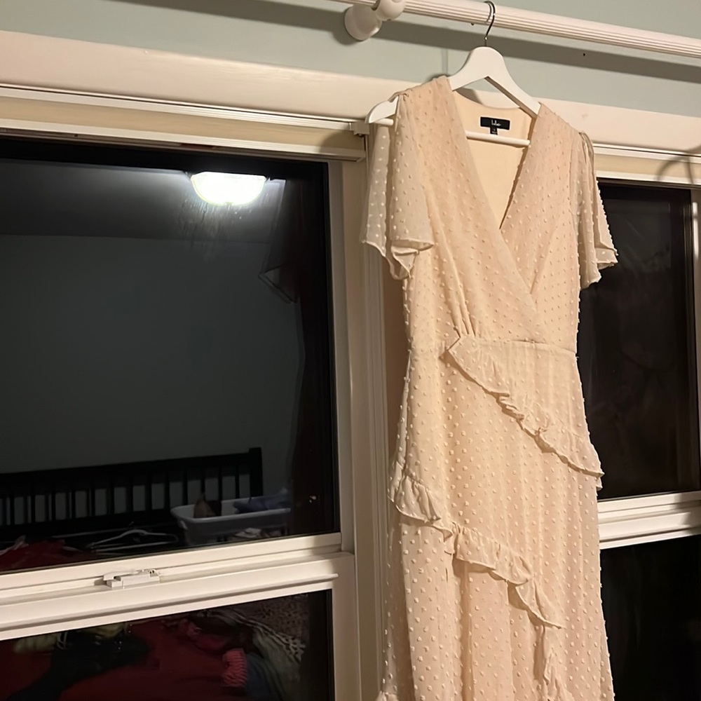 Next to You Cream Swiss Dot Ruffled Midi Dress - Lulu’s -Sz sm; rehearsal dinner